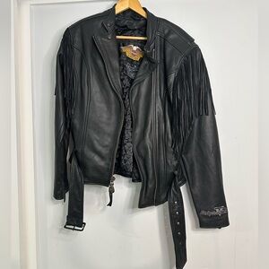RARE Silver 50 Year Pin Leather Harley Davidson Fringe and‎ Belted Jacket